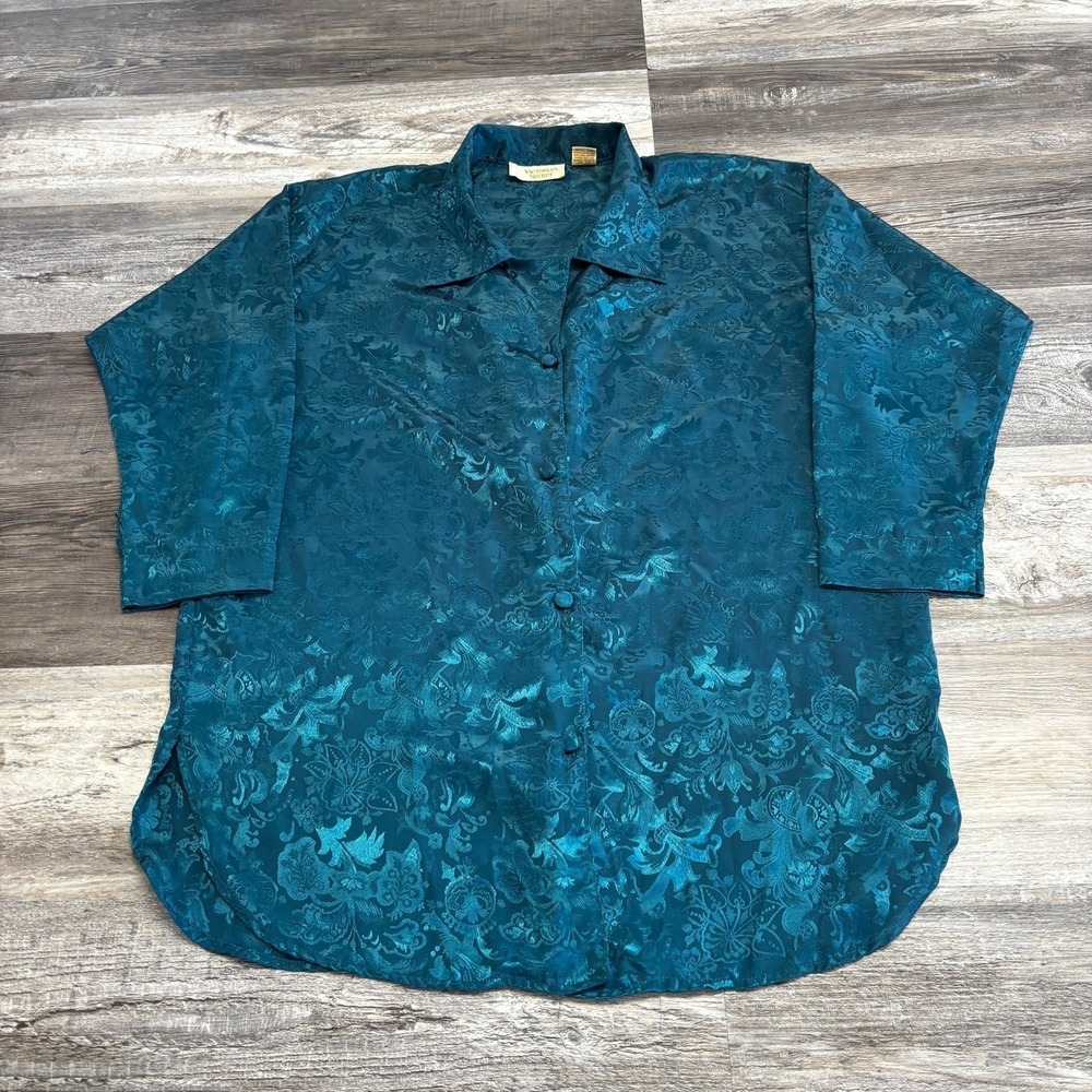 Vintage 80s 90s Victoria's Secret Teal Womens PS‎ Satin Floral Night shirt Top